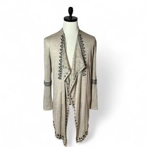 Haute Project Women's Long‎ Open Cardigan Duster Boho Tribal Embroidery Size L
